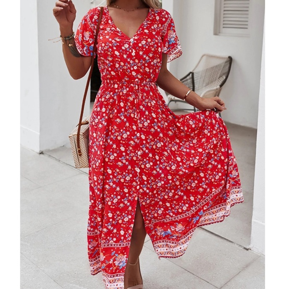 Temofon red, blue & yellow floral v neck boho maxi dress size small